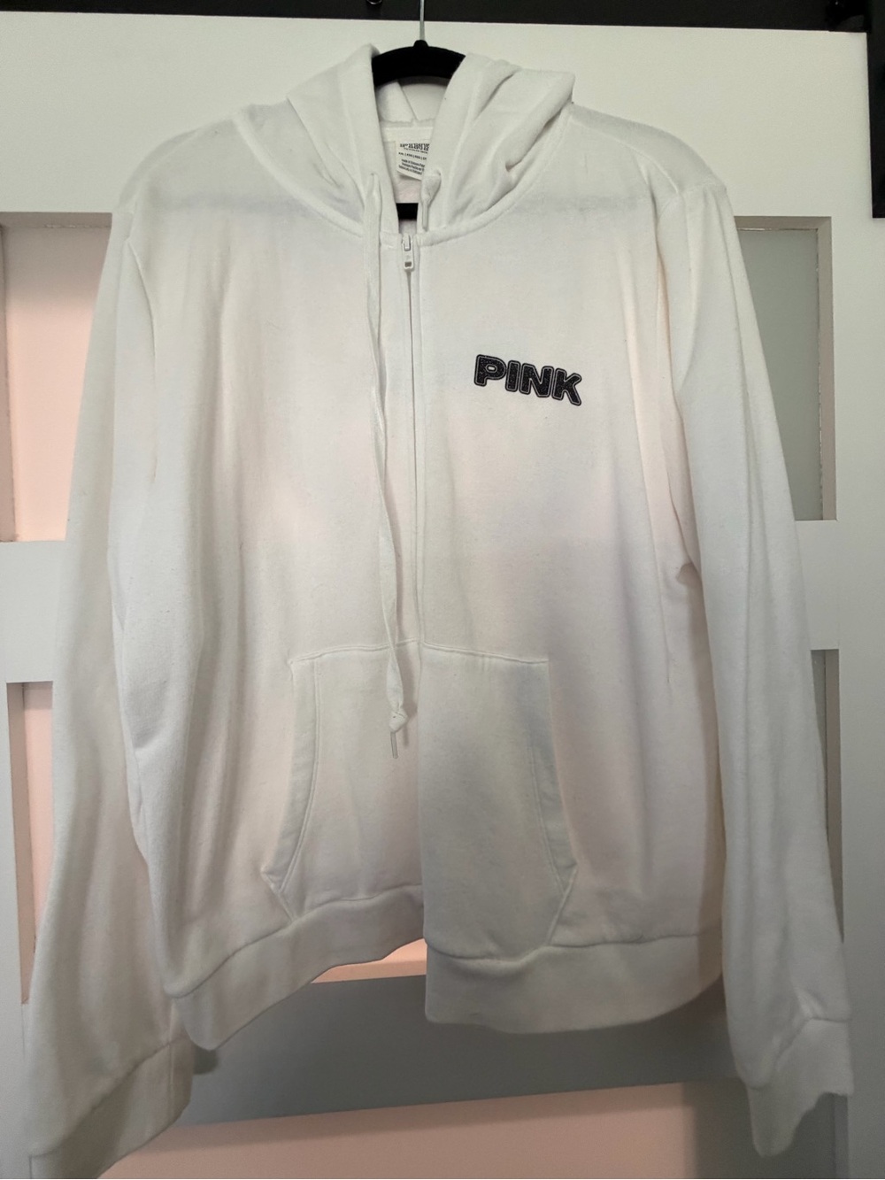 PINK Victoria's Secret Women's White Zip Front Hoodie with Embroidered Logo